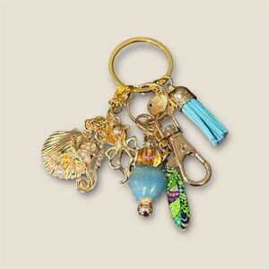 Elegant Gold Keychain with Charms and Beads Beach Coastal Theme For Purse, Bag